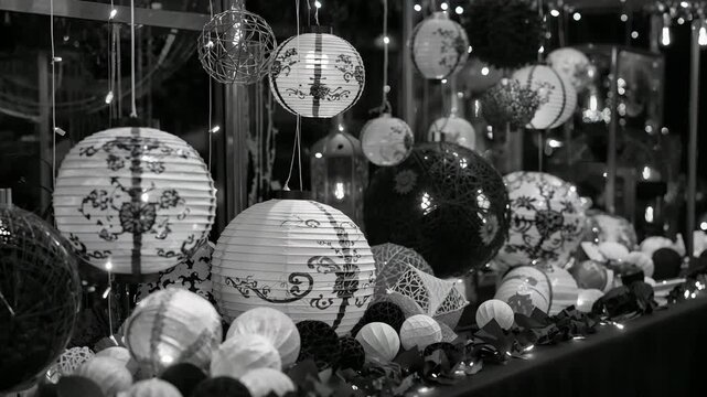 Close-up view of decorative hanging lanterns in a darkened settings showcasing intricate designs and contrasting textures against soft lighting with an overall monochromatic color scheme