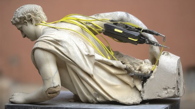 A classical sculpture reimagined. Featuring a Greek figure with modern technology. Yellow wires and tools blend history with innovation. A unique art piece. AI