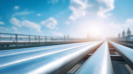 Gleaming industrial metal conduit system under bright daylight, azure sky backdrop, petrochemical facility exterior, gas transportation infrastructure, renewable energy pipeline, c