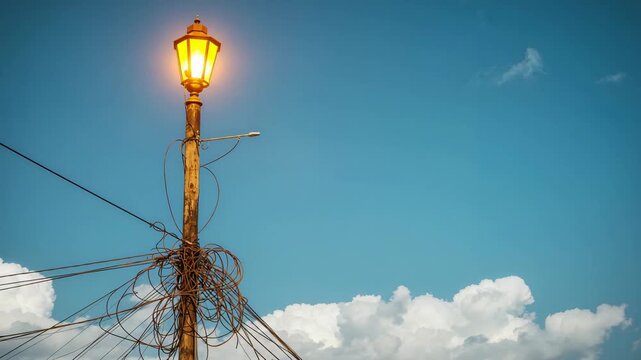 Rustic street light with tangled wires glowing against a bright blue sky and fluffy white clouds showcasing a transition from daylight to illuminated evening