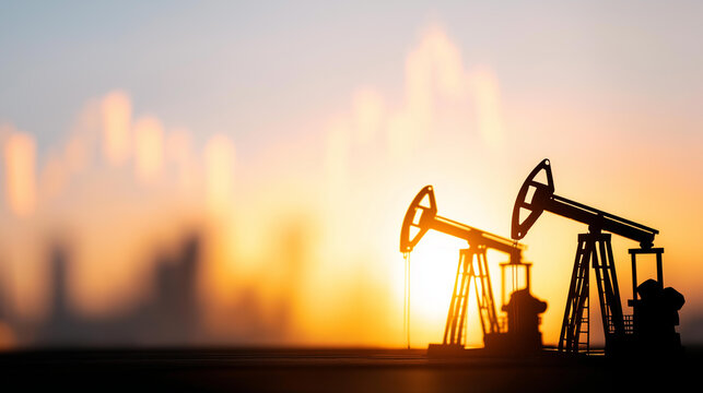 Petroleum pump equipment pack against stock market graph background, oil price concept visualization, energy trend analysis, commodity market indicators, financial performance metr - Powered by Adobe