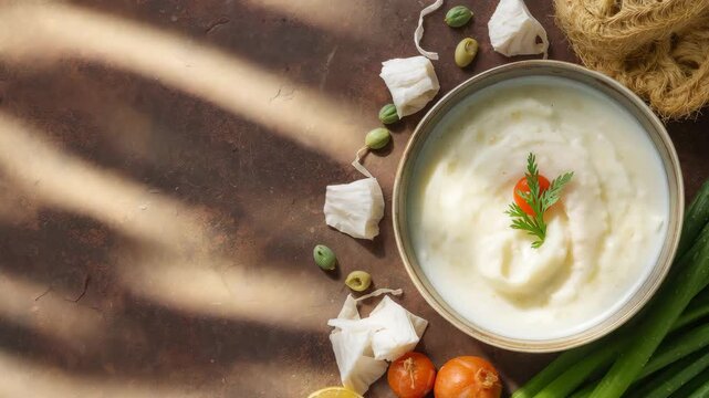 Close-up view of a creamy white sauce in a ceramic bowl garnished with a sprig of dill surrounded by fresh ingredients like tomatoes green onions and herbs on a textured wooden surface with soft