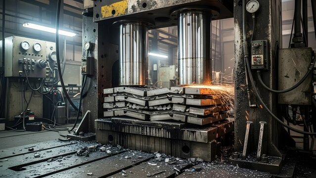 Industrial press machine compressing metal with sparks flying in a factory setting and control panel