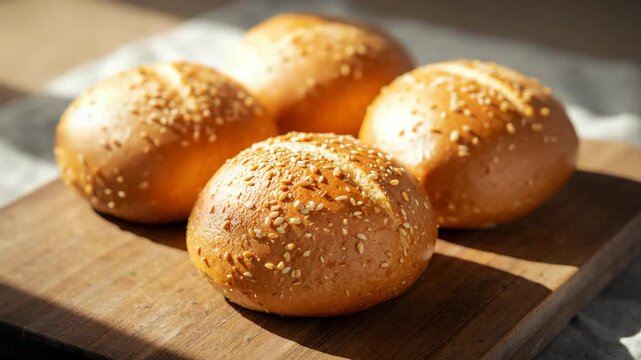 Freshly baked sesame seed bread rolls displayed on a wooden board with natural soft light enhancing their golden brown color and glossy texture in a cozy kitchen setting
