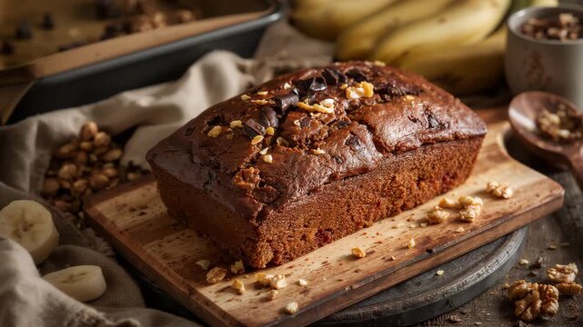 Close-up of a freshly baked banana bread loaf topped with walnuts and chocolate drizzles set on a wooden cutting board surrounded by ripe bananas and mixed nuts in warm natural light