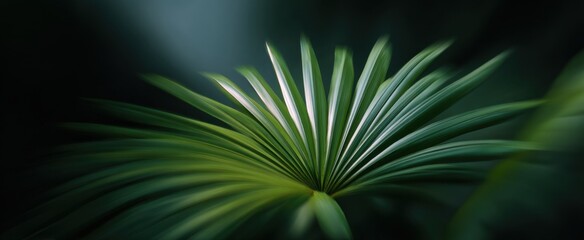 Fototapeta premium The palm leaf unfurls softly in a calm breeze's flow.