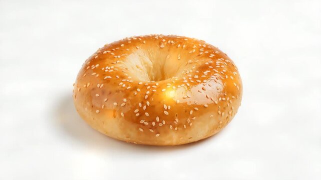 Close-up of a toasted sesame bagel on a light background showcasing its golden-brown texture and cylindrical shape presented from beginning to end with consistent lighting and composition.