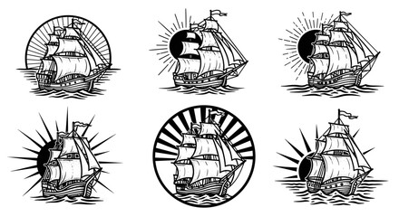 Collection of Vintage Sailing Ships in Various Artistic Styles.