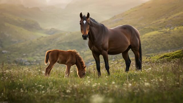 A mare and her foal grazing together in a sunlit meadow surrounded by lush green hills and blooming wildflowers showcasing natural beauty with rich earthy colors and soft light