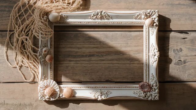 Vintage ornate picture frame adorned with seashells and netting placed on rustic wooden table illuminated by soft natural light showcasing textures and details throughout the video