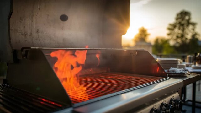 Close-up of an outdoor gas grill with flames flickering on the grates during sunset showcasing smoke and glowing embers in a backyard setting with blurred dishes in the background