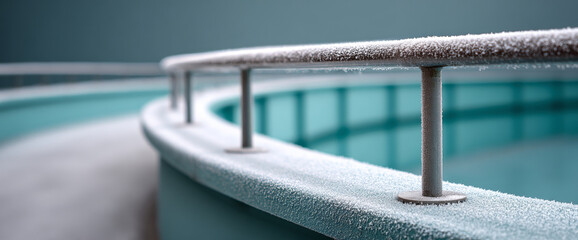 Close-up of frosted metal railing on curved turquoise structure in cold winter environment with shallow depth of field