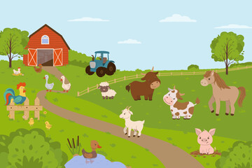 Farm animals enjoy a sunny day in a picturesque landscape featuring a barn, tractor, and pond. The illustration includes a cow, sheep, horse, goat, and various birds, perfect for educational and desig