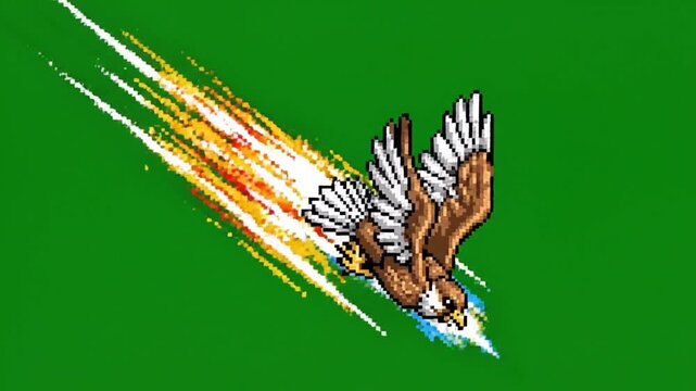 Pixel Art Fiery Diving Falcon with Speed Trails on Green Screen