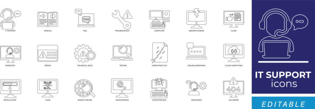 it support  line icon set featuring tech support, troubleshooting, task, diagnostic, diagnostics, faq, scan, cloud computing, installation, maintenance, error, fixing, and online assistance.