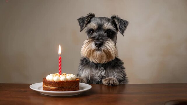 Adorable black and gray schnauzer dog sitting at a wooden table with a birthday cake featuring a lit candle soft natural lighting with a warm backdrop focused shot highlighting the treat.