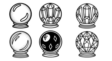 Collection of six mystical crystal balls and fortune telling orbs.
