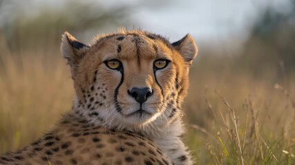 Close-up of a resting cheetah with striking fur patterns focused gaze in tall golden grass under soft natural light showcasing the beauty of wildlife in a natural savannah setting - Powered by Adobe