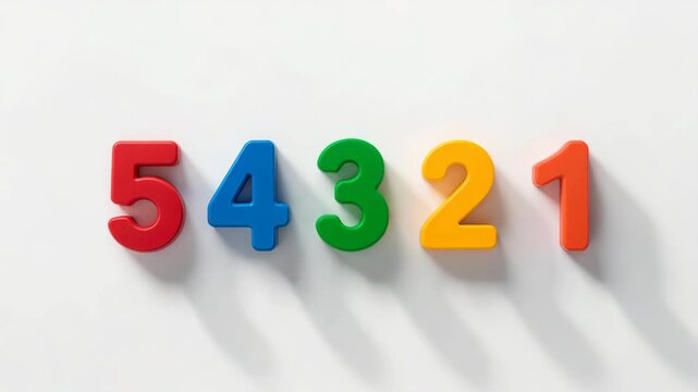 Colorful plastic numbers 5 4 3 2 1 arranged on a white background emphasizing educational purpose with bright colors and clean shadows creating a visually engaging composition
