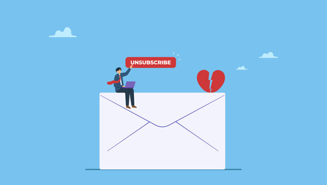 Businessman working with computer laptop push unsubscribe button. Unsubscribe email exit from mailing list, cancel subscription button, remove or leaving marketing email, delete or rejection.