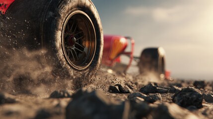 Dynamic Off-Road Racing Action Captured in Close-Up of Powerful Vehicle Tire Kicking Up Dirt and Gravel During a High-Intensity Race