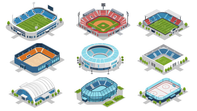 Isometric Sports Arenas and Stadiums Vector Collection Modern Athletic Complexes for Various Games, Events, and Recreational Activities