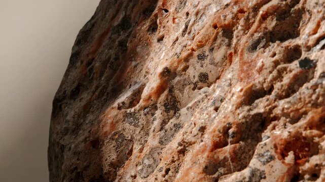 Close-up views of a rough textured stone with natural light highlighting its mineral patterns and warm earthy tones showcasing intricate details in a softly lit environment
