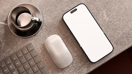 Smartphone mockup with mouse and coffee 3D render