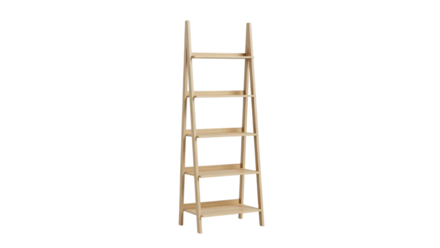 Minimalist Light Natural Wood Ladder Shelving Unit Product Shot isolated on Transparent Background
