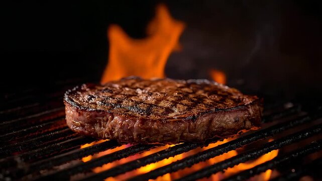 Grilled steak sizzling on an open flame showcasing vibrant flames and searing grill marks close-up shot highlighting rich textures and deep colors against a dark background