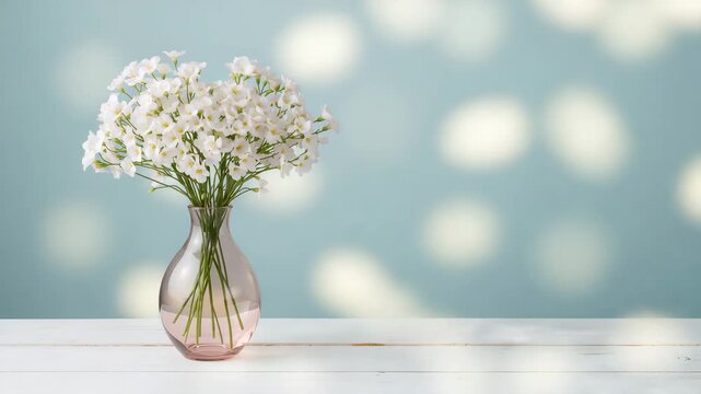 Elegant white flowers in a clear glass vase on a white wooden table against a soft blue backdrop with subtle bokeh lighting creating a tranquil and aesthetic visual appeal