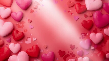 Colorful heart shapes on a bright red background with various sizes and shades forming a vibrant romantic backdrop showcasing sweet textures and playful compositions throughout the clip - Powered by Adobe
