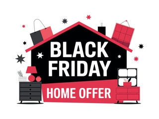 Black friday home offer advertisement with furniture and decorations inside house