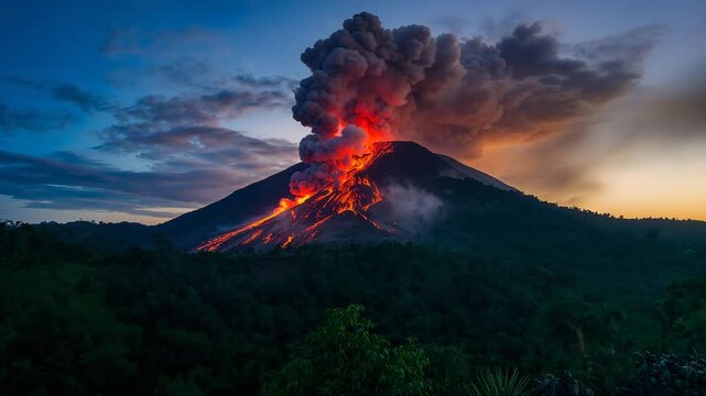 Active volcanic eruption with flowing lava and ash clouds emitting from the summit at sunset surrounded by lush green landscape and dramatic sky variations showcasing fiery orange and purple hues