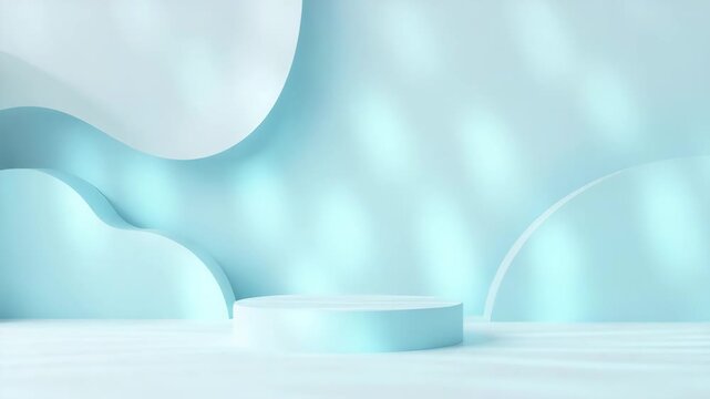 Minimalistic backdrop with soft blue curved elements and subtle lighting variations creating an abstract studio setting with a circular pedestal in a serene environment
