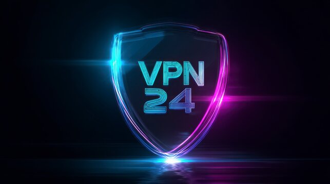 The VPN 24 graphic creates a vivid visualization, embodying the core principles of network security. The design suggests a digital security shield.