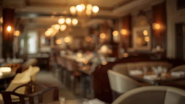 Elegant interior view of a dimly lit restaurant with cozy booths and wooden furnishings featuring warm lighting and blurred background elements creating an inviting dining atmosphere