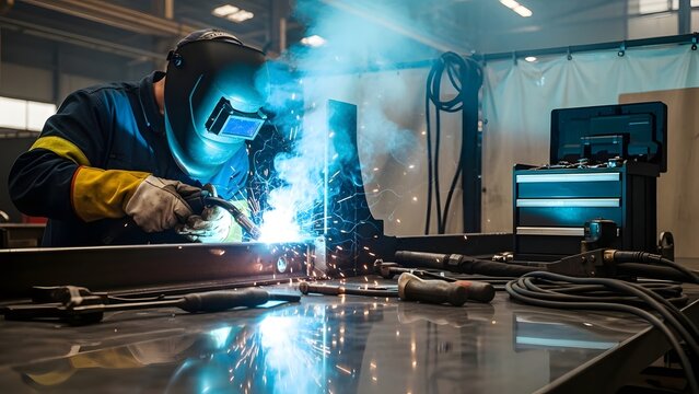 A welder in protective gear welding metal with bright blue sparks in a workshop environment setting