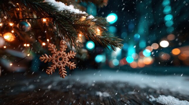 A beautiful snowflake ornament is captured hanging from a Christmas tree, amidst a backdrop of twinkling lights, creating a magical winter atmosphere during the holidays. - Powered by Adobe
