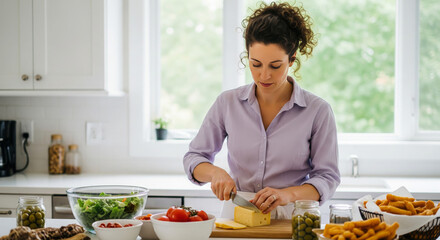 Woman preparing fresh healthy meal slicing yellow cheese on cutting board