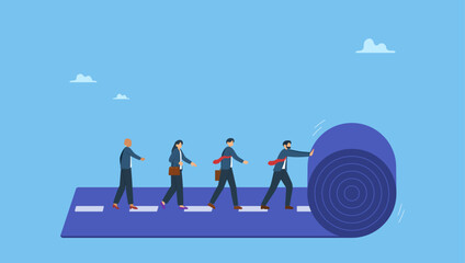 Businessman rolling career path for team colleague to follow. Leadership to lead team career path, business strategy development, effort or ambition to progress work success, motivation achievement.