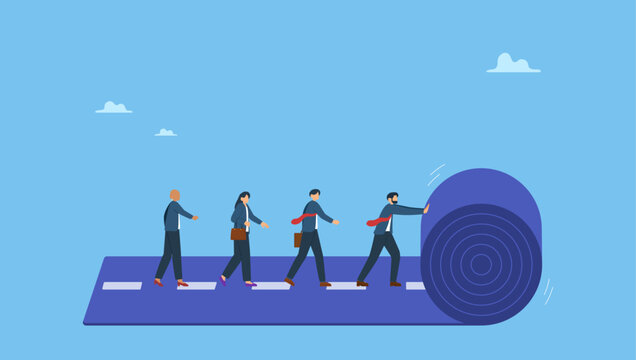 Businessman rolling career path for team colleague to follow. Leadership to lead team career path, business strategy development, effort or ambition to progress work success, motivation achievement.