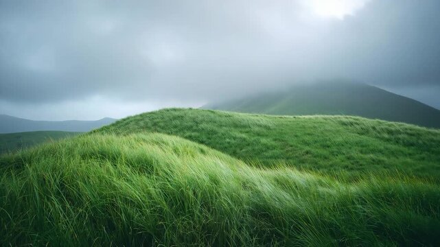 Serene green rolling hills covered in lush grass under a cloudy sky with soft light illuminating the landscape showcasing natural textures and subtle movement in the grass