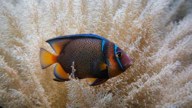 Colorful fish gracefully swimming among soft white coral showcasing vibrant patterns and textures in a serene underwater environment with natural lighting