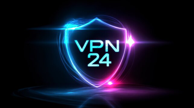 A glowing shield, illuminated by vibrant neon hues, represents the robust protection offered by secure digital infrastructure, with VPN 24 emblazoned on its core.