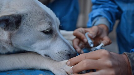 A close-up shot of a white dog getting a needle near its paw