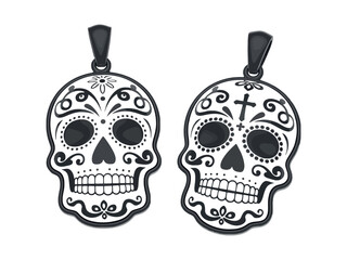 Two sugar skull pendants with black outlines and intricate white designs on white