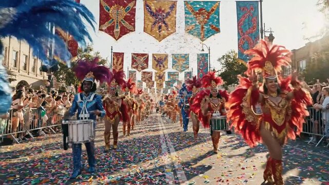 Vibrant Parade: Musicians, Dancers, and Confetti Celebrate Joyfully in Street