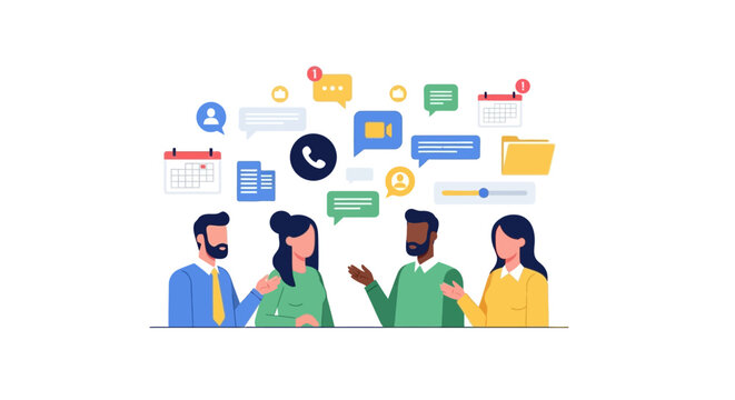 Diverse team collaborating, utilizing digital tools for efficient communication and collaborative