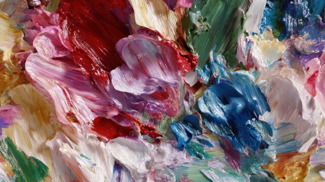 Close up of thick textured paint strokes in various colors on palette